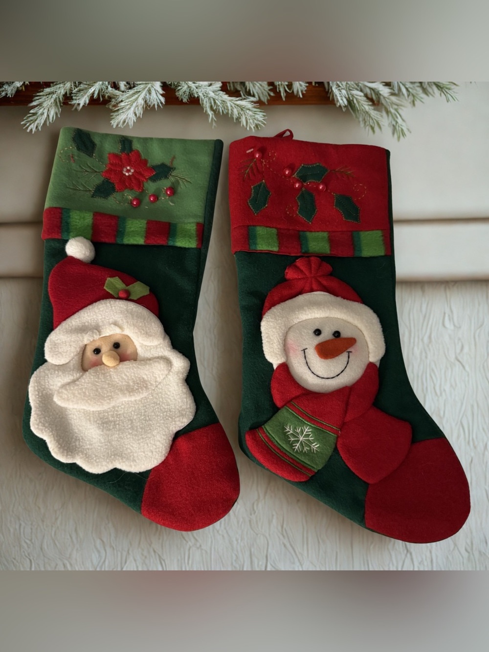 Vintage Felt Christmas Stockings Pair Santa Claus & Snowman Holiday Mantle Decor
